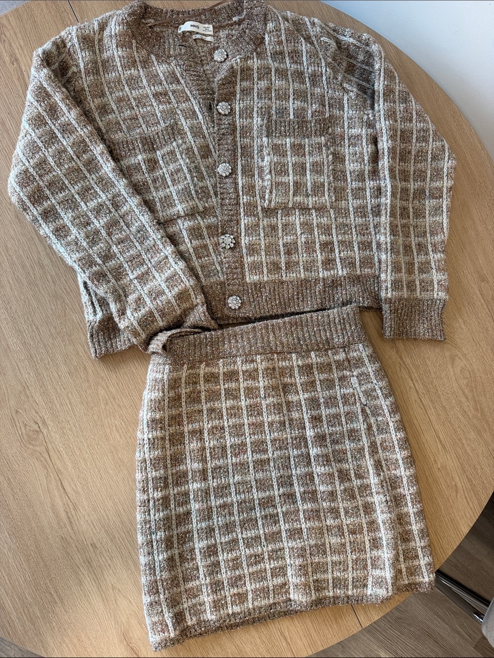Mango Wool blend set Knit Crop Cardigan & Skirt Set - Brown & Cream